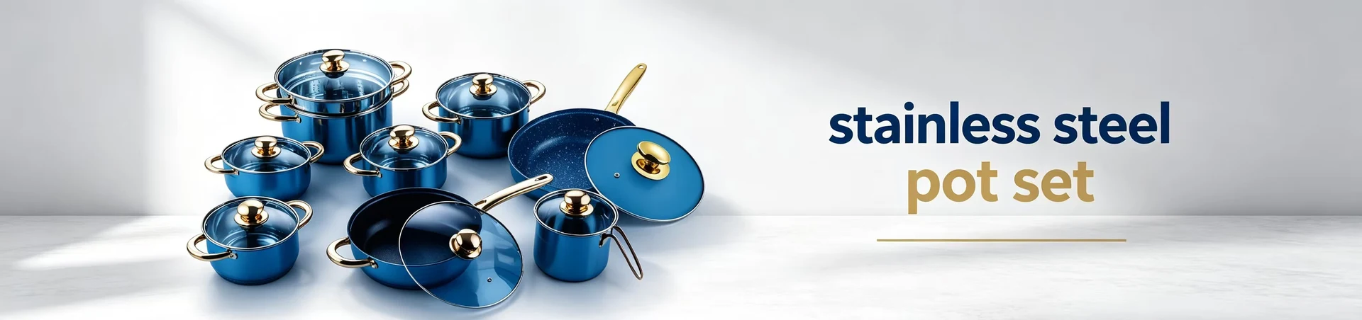 Blue stainless steel cookware with gold handles